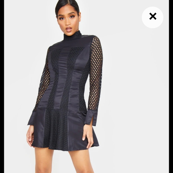 Black Panelled Frill Hem High Neck Bodycon Dress - Picture 7 of 7